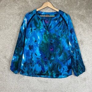 Sioni Blouse Womens Small Blue Peacock Long Sleeve Pullover V Neck- 2470*